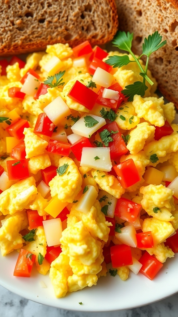 Three-Egg Breakfast Scramble A plate of three-egg breakfast scramble with bell peppers, onions, and cheese, garnished with herbs, next to toast.